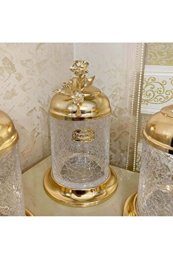 AZADE BAKIR Gold Brass Japongul Without Foot 3-Piece Jar and Midi Zigzag 6-Piece Glass Spice Jar Set of 2
