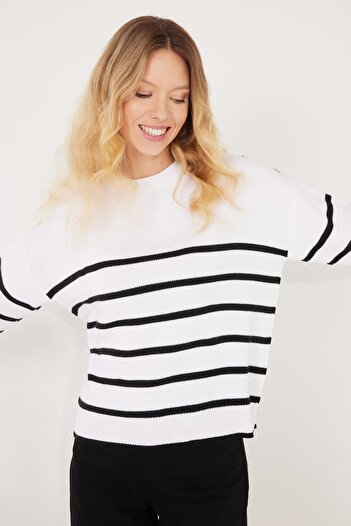 Tudors Pulover alb cu dungi pentru femei, slim fit, cu decolteu rotund