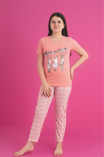 Farya Home Faryakids Cotton Short Sleeve Cat Patterned Girls Pajamas Set
