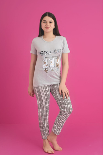 Farya Home Faryakids Cotton Short Sleeve Cat Patterned Girls Pajamas Set