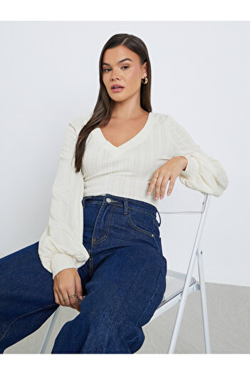 Styli Women Cream Deep V Neck Knit Top