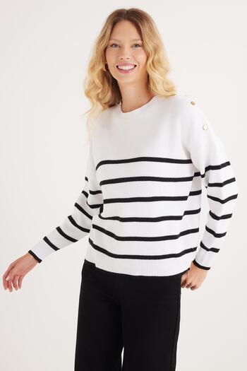 Tudors Pulover alb cu dungi pentru femei, slim fit, cu decolteu rotund