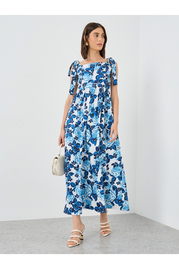 Styli Floral Print Tie Shoulder Midi Dress