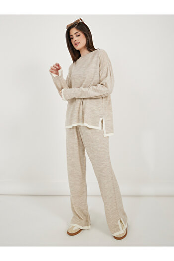 Styli Contrast Trim High Low Hem Top and Wide Leg Pants Co-Ords