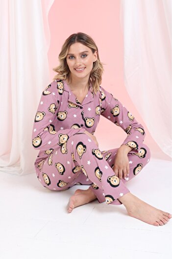 Elit Σετ γυναικείες πιτζάμες Lilac Teddy Bear με κουμπιά μπροστά Winter Suede Velvet