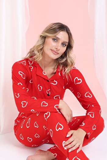Elit Red Line Heart Front Button Winter Suede Velvet Women's Pajama Set