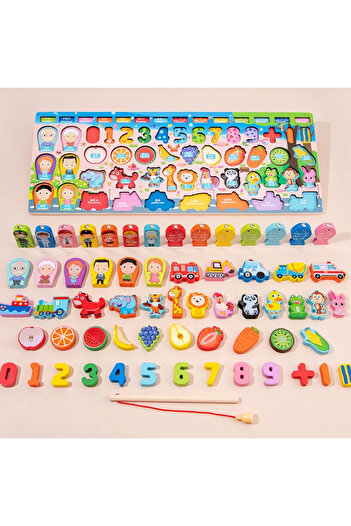 Micostore 6 in 1 wooden educational toy, logarithmic board with magnetic fishing, numbers, animals, vehicles
