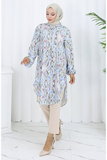 sefamerve Plus Size Ethnic Patterned Tunic 3025-01 Khaki