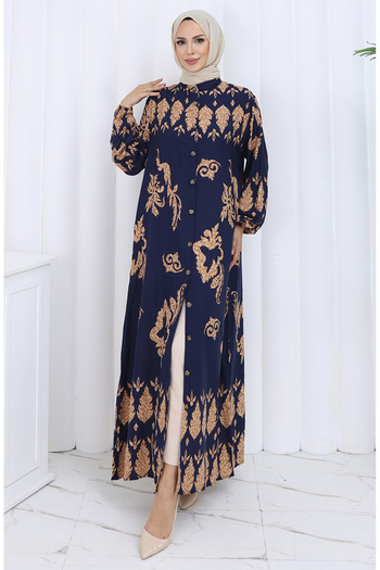 sefamerve Patterned Buttoned Dress 2125-04 Navy Blue Beige