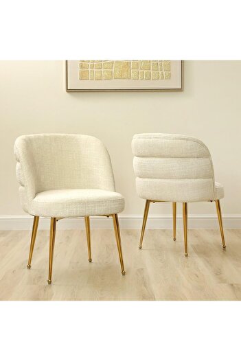 Vanity Living Dania Dining Chairs Set of 2 – Cream Chenille Upholstery with Gold Metal Legs – Mo