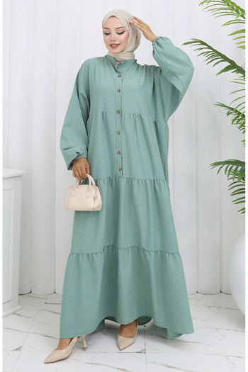 sefamerve Seersucker Fabric Half Button Dress 2131-03 Green