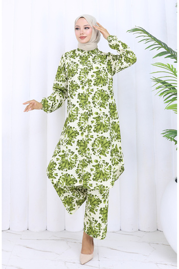 sefamerve Patterned Tunic Trousers Double Set 0126-02 Khaki