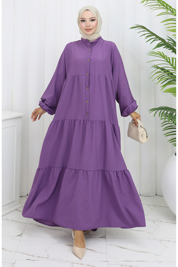 sefamerve Seersucker Fabric Half Button Dress 2131-04 Lilac