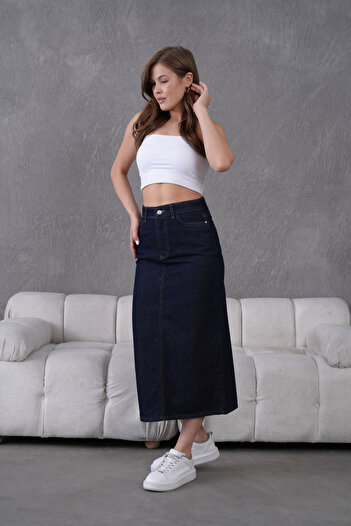 Dema Cotton High Waist Navy Blue Dark Washed Ankle Length Skirt