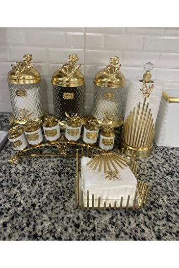 AZADE BAKIR Brass Japongul Footed Crystal Set of 3, Long Porcelain 6'Li Spice, Roll and Square Napkin Set of 4