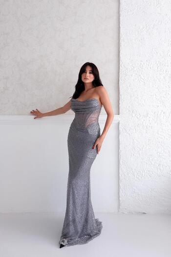 Serica Moda Gray Beaded Strapless Sheer Detailed Fish Evening Dress