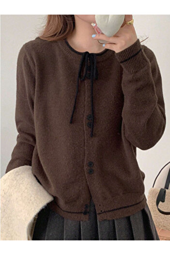 NATUFIAN STORE Women's Double Button Tie-Up Basic Knitwear Cardigan