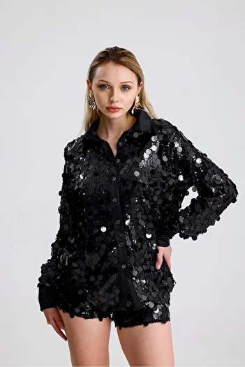 Sense Satin Garnished Sequin Detailed Sequin Evening Dress Shirt |   Gml36395 Black