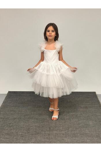 BUTİKHAPPYKİDS Girls' Evening Dress White Tulle Ruffled Strap Sequin Sequin Embroidered Black Tulle Floor Skirt Short Evening Dress Elbis