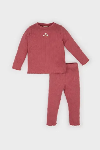 DeFacto 2-Piece Floral Ribbed Dusty Rose Baby Girl Top-Top Set Y1122A2/Br102