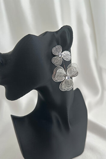 Modex Wire Dot Single Stone Detail Clover Dangle Stud Earrings (6cm)