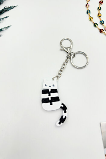 Lusida Design Flexible Jointed Black Keychain Bag and Pen Holder Ornament with Cat Figure