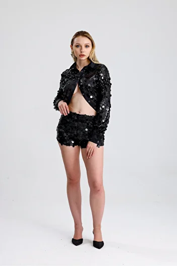 Sense Lined Sequin Detailed Evening Dress Sequin Shorts |   Shrt36396 Black