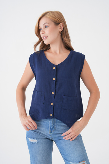 saint majesta Muslin Pocket Vest Blouse - 100% Cotton Front Button Women's Top - Sm034