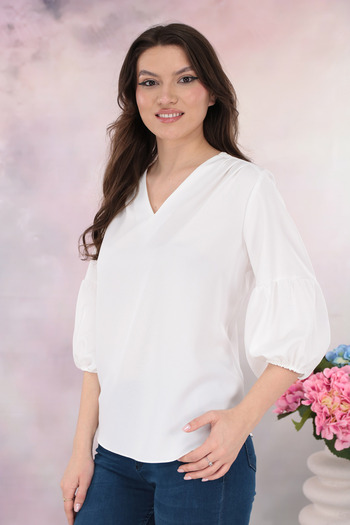 Trend Land White office blouse with puff sleeves