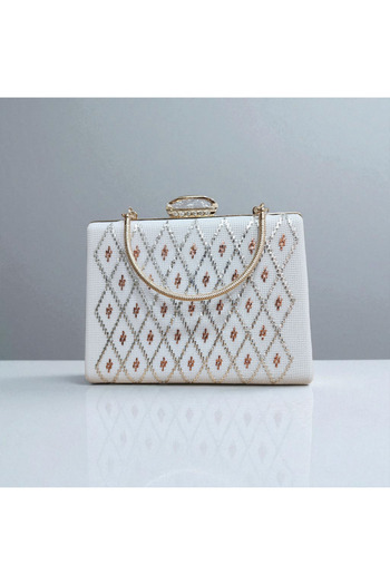 Telli Art Wire Breaking Evening Dress Bag – White, Gold Detailed, Chain, 15×22 cm