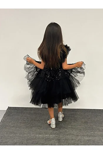 BUTİKHAPPYKİDS Girls' Evening Dress Tulle Ruffled Strap Sequin Sequin Embroidered Black Tulle Floor Skirt Short Evening Dress 6-10
