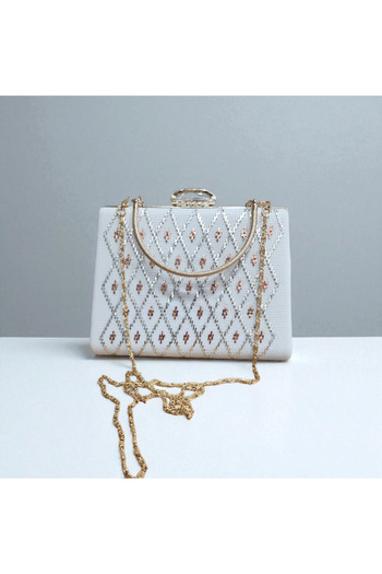Telli Art Wire Breaking Evening Dress Bag – White, Gold Detailed, Chain, 15×22 cm