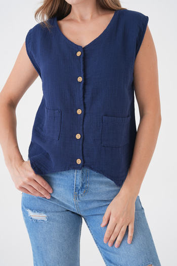 saint majesta Muslin Pocket Vest Blouse - 100% Cotton Front Button Women's Top - Sm034