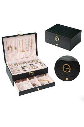 gaman Two Tier Jewelry Box with 1 Drawer - Large Capacity, Necklace, Earring, Ring and Watch Organizer