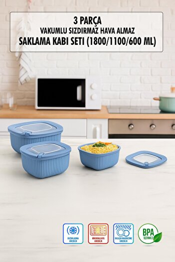 EWs Square 3 Piece Vacuum Sealed Air-Free Storage Container Set Blue (1800/1100/600 ml)