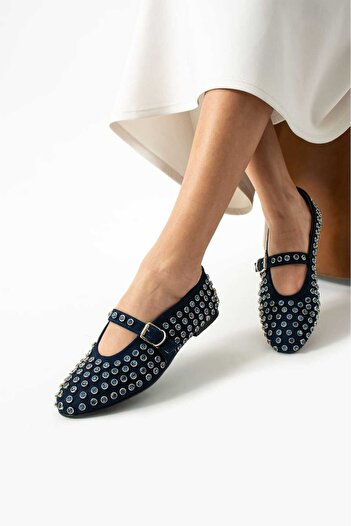 TubiBella Stone Detailed Navy Blue Colored Suede Ballerinas
