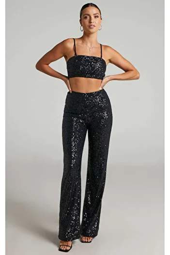 AFR CLOTHES Women's Black Sequence Double Set