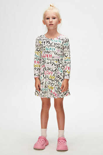 LOVETTI Ecru Girl's Glasgow Pattern Long Sleeve Dress