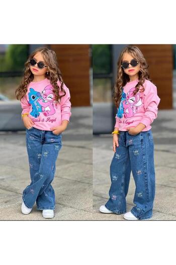 RAPAPA Girl's Stıtch Jeans Pants Bottom Top Set 2587 P