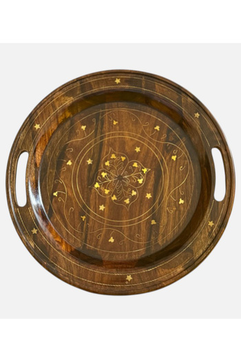 Your Choice AE Handcrafted Wooden Serving Tray – Round Decorative Tray with Brass Inlay