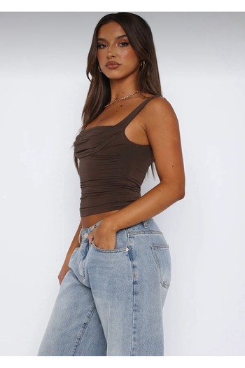 World Fashion Trends Wft3036B Brown Crop Blouse with Gathered Front and Straps