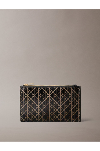 Calvin Klein Women Black/Matte Black Monogram Logo Aop Top Zip Card Holder