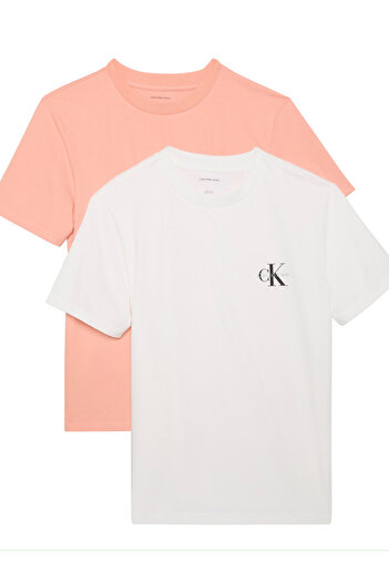 Calvin Klein Women White/Coral Pack of 2 Logo Crew Neck T-Shirt
