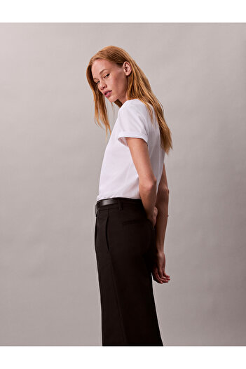 Calvin Klein Women Brilliant White Glossy Metallic Logo Crew Neck T-shirt