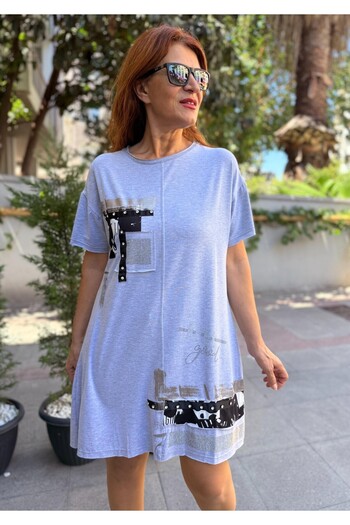 DenizEge Stone Detail Tunic Gray Black