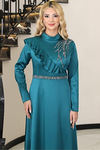modapodyum Ada Satin Hijab Evening Dress Green
