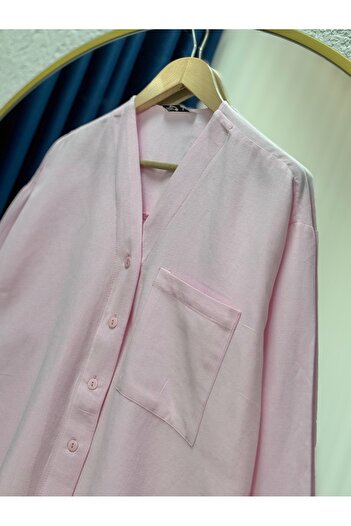 MİHRA STORE Soryla Front Button Single Pocket Linen Shirt-Bn4423 Pink