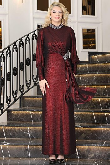 modapodyum Azalea Hijab Evening Dress Claret Red