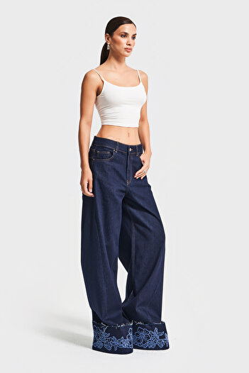 its basic Women's Indigo Blue Color 7W5-50 Palazzo Fit Viscose Fabric Floral Embroidered Special Design Denim Jean