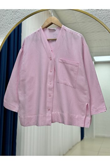 MİHRA STORE Soryla Front Button Single Pocket Linen Shirt-Bn4423 Pink